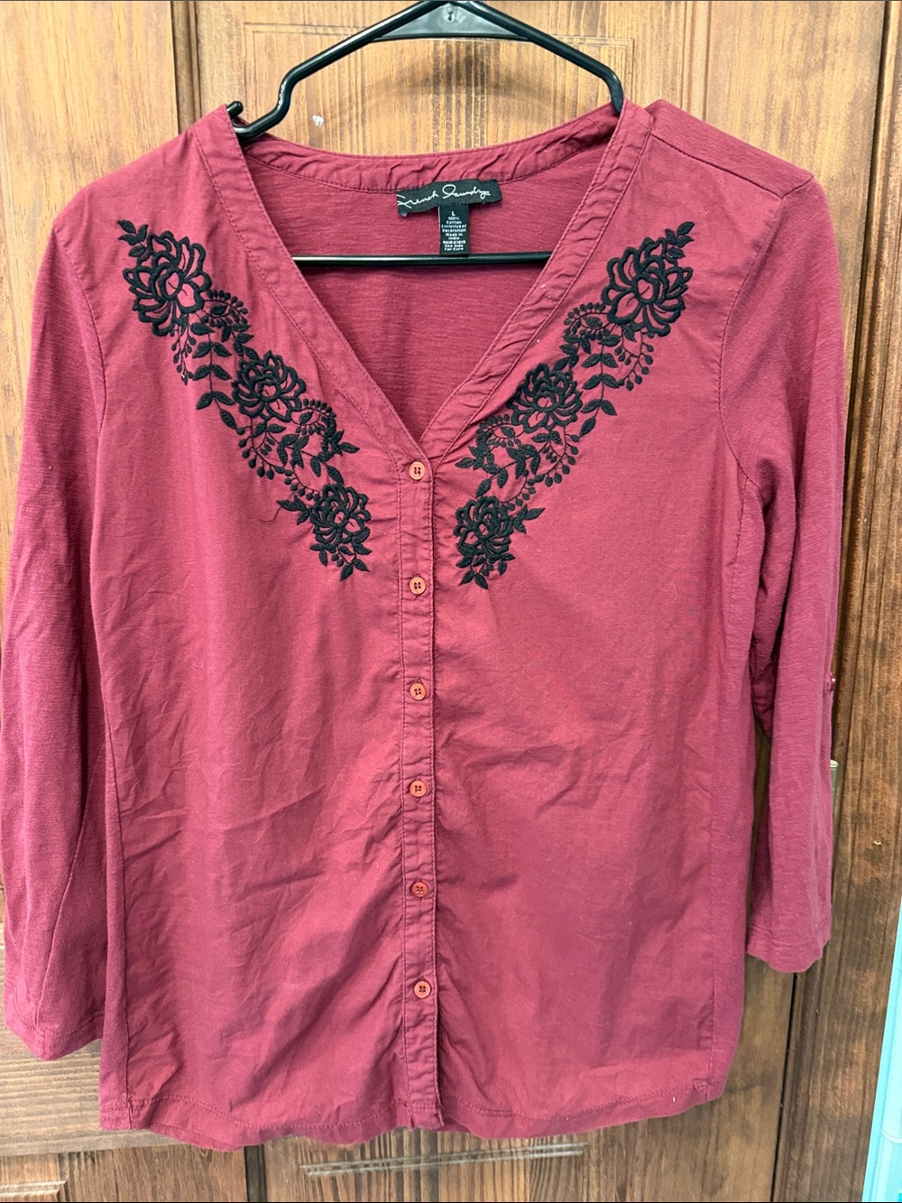 Karen Kane Maroon Button-Front Top with Black Embroidery French Laundry
